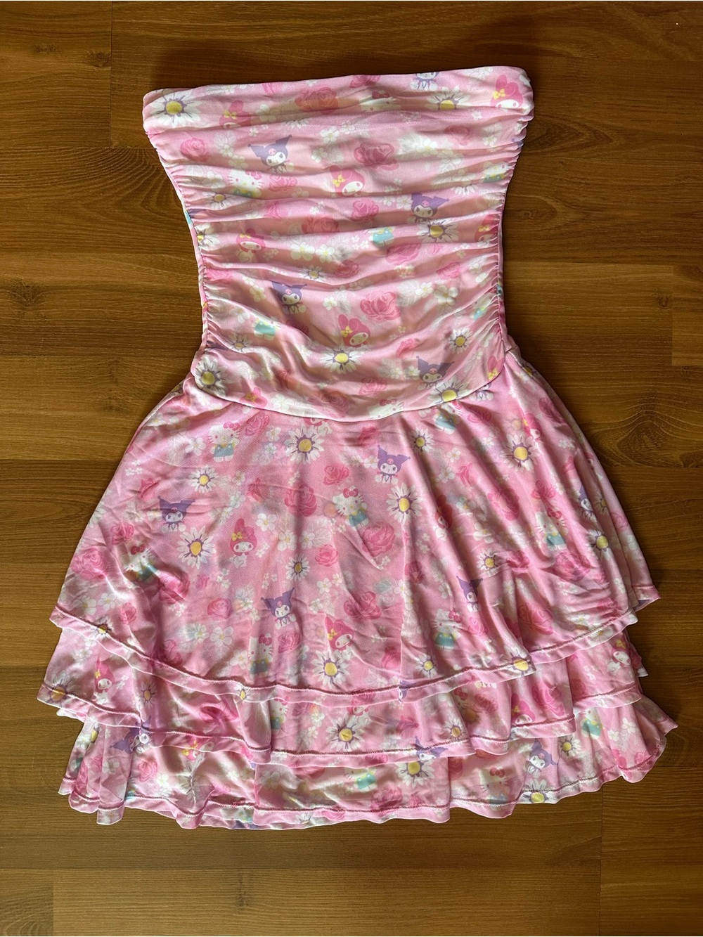 🆕 Hello Kitty My Melody Pink Floral Strapless Tiered Dress